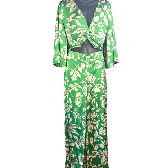 Zara Pants - Zara green cream floral satiny jumpsuit V-neckline knot detail waist cut-outs